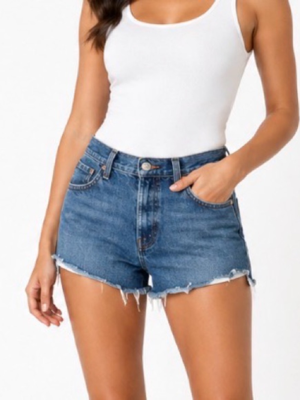 Levi's Medium Blue Denim Raw Hem High-Rise Shorts. Preshrunk Fit more like a 31